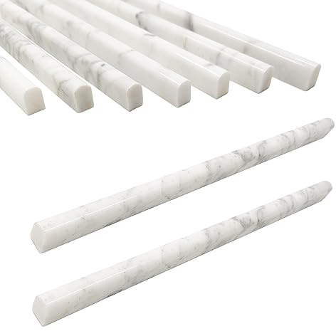 Jusmioke Lot de 15 crayons en marbre blanc de Carrare de 1,3 x 30,5 cm, bordure en marbre poli pour dosseret de cuisine, salle de bains et murs de douche (blanc carrare (1,3 x 30,5 cm)