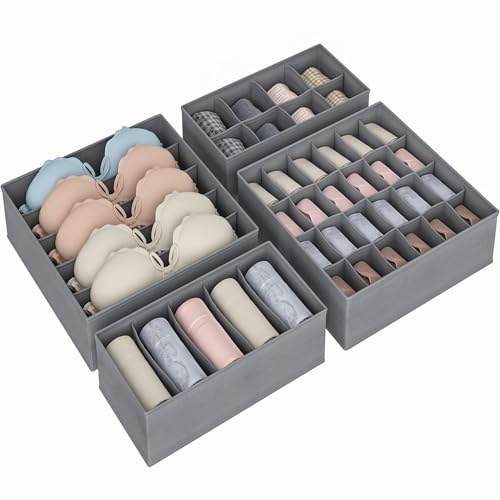 Organizador para Cajones Set de 4 Piezas, Caja para Ropa Interior Plegable con Panel Separador,Organizador para Armario con Compartimentos, para Calcetines, Sostenes, Corbatas, Tela No Tejida, Gris