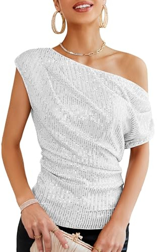 GRACE KARIN Women's Sequin Glitter Party Top for Festive Outfits, Silver / white, M