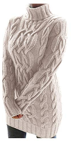 Turtle Neck Long Jumpers Dresses for Women Oversized Cable Knit Jumper Dress Women's Jumper Knitted Sweater Dress Turtle Neck Long Sleeve Pullover Midi Dress Fall Winter Pullover Jumpers（Khaki，M）