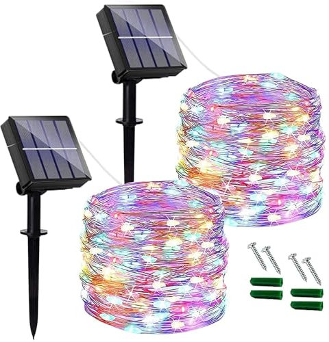 Qillnyy [Lot de 2] Guirlande Extérieur Solaire,12M 120 LED Guirlande Guinguette Solaire,IP65 Etanche 8 Modes Décoration pour Jardin,Balcon,Terrasse,Mariage,Noël,Fête (Multicolore)
