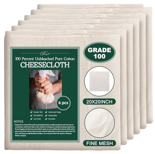 Paoeyrb 6Pcs 20x20Inch Cheese Cloth, 100Percent Organic Unbleached Pure Cotton Muslin Cloth, Reusable Cheesecloth, Premium Cheesecloth for Straining, Cooking, Bread, Butter