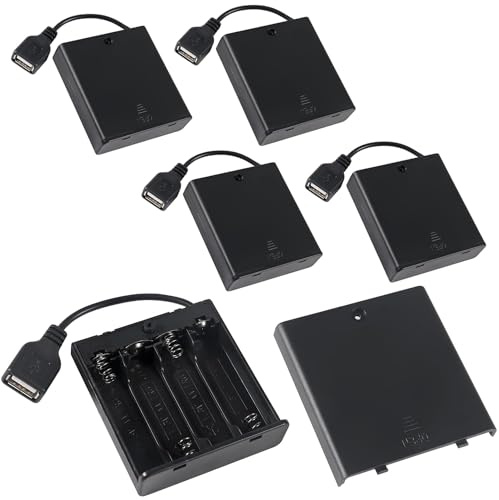 Greluma 5 St 4 AA batterihållare med USB-kabel, 6V 4-platser Batterihållare med USB-honuttag, 4 x 1,5V AA-batteriväska Boxhållare med på/av-brytare för RC-bilar LED-ljus