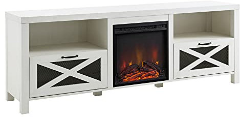 RAABYU Industrieller Farmhouse-Fernsehständer aus Metallgeflecht mit herunterklappbaren X-Türen, 70 Zoll Kamin, für 80 Zoll Fernseher, gebürstetes Weiß