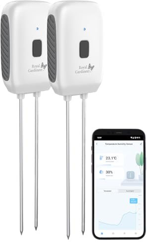 Royal Gardineer Topfpflanzen-Sensor: 2er-Set Boden-Feuchtigkeits-/Temperatur-Sensoren, Bluetooth-komp., App (Pflanzen-Bodenfeuchtigkeits, Feuchtsensoren, Bewässerung)
