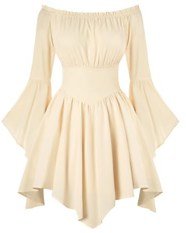 Scarlet Darkness Renaissance Costume Women Pirate Off Shoulder Bell Sleeve Fairy Dress Apricot M