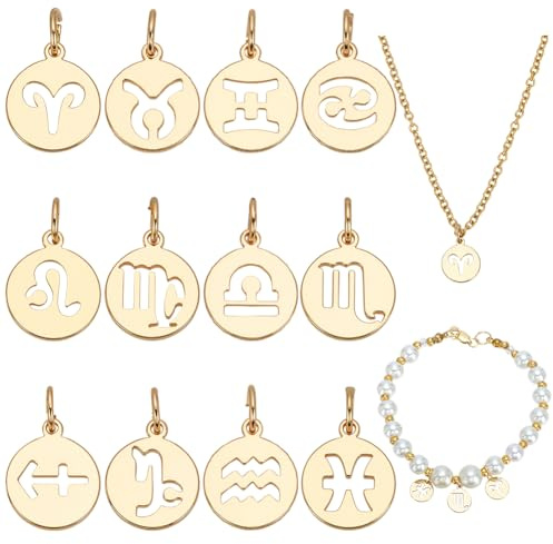 WADORN 12 Stück 14K Vergoldete 12 Sternbild Charms, Sternzeichen Anhänger Flach Rund Sternbild Anhänger Astrologische Charms Für Halsketten Armbänder DIY Schmuckherstellung