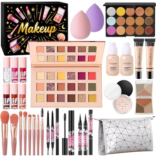 Coffret Maquillage Femme, Coffret Cadeau Beauté Ado Fille, Kit Maquillage Professionnel avec Palette à Yeux Fond de Teint Correcteur Contour Gloss à Lèvres Eyeliner Mascara Crayon Sourcil Pinceaux