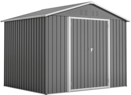 Gartenhaus Metall 229x180x191 cm, 7,9 m³ Gerätehaus mit Fundament & Satteldach, Wetterfester Gartenschuppen für Fahrrad & Gartengeräte, Grau