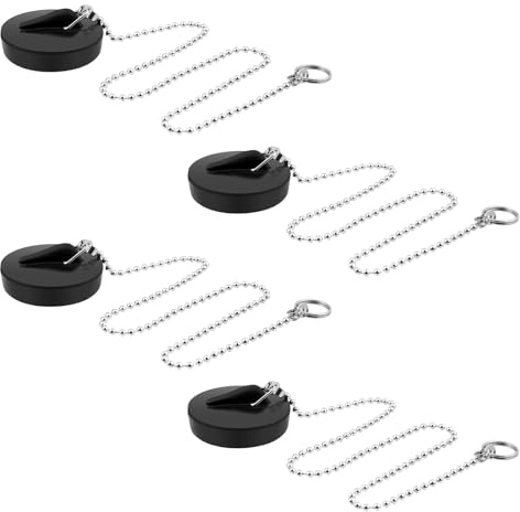 4 Piezas Tapón de Bañera con Cadena de Bolas, Tapones de Desagüe Universales para Fregadero de Cocina y Lavabo, Reemplazo de Goma TPR Negro para Retener Agua, 4 cm