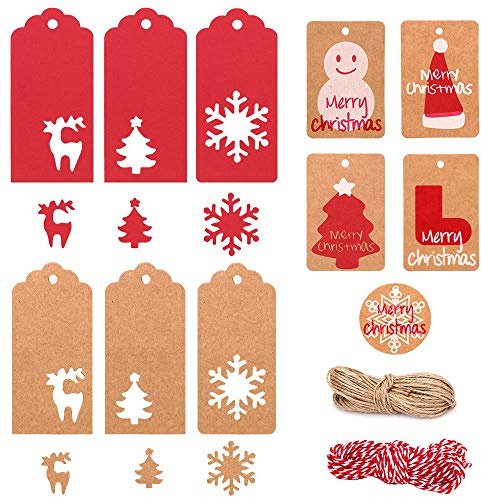 Etiquetas de Papel Kraft Navidad, MonQi 220pcs Etiquetas de Navidad, Etiquetas de Regalos para Navidad con 10m Cuerda de Cáñamo Rojo y 20m Cuerda de Yute, 6 Patrones Calados y 5 Patrones Impresos