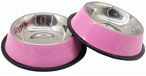 Angeer 2 st/set kattskålar, matningsskål katt rostfritt stål halkfri kattskål husdjursskål set (rosa)