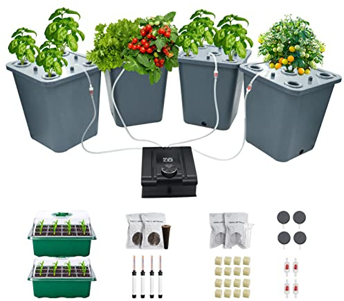 Lawnful 4 Hydroponic Buckets Kit for Plants, Hydroponics Growing System for Herbs/Tomato/Vegetables, DWC System with Air Pump & Germination Tray (Complete Indoor Hydroponic Gardening Supplies)