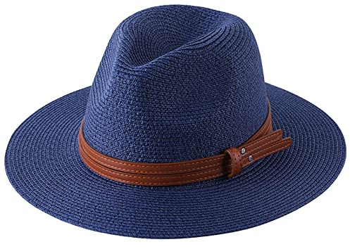 MCHDMI Chapeau De Paille, Chapeau de Plage à Large Bord Protection UV Grande Taille Panama Chapeau de Soleil été Chapeau de Paille Femmes Hommes 60cm Chapeau Fedora Pliable (Color : Navy, Size : L 5