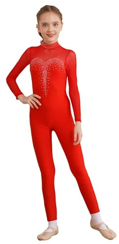 inhzoy Mädchen Gymnastikanzug Ganzkörper Turnanzug Langarm Jumpsuit Overall Einteile Ballettkleidung Tanzanzug Sport Bodysuit Trainingsanzug Rot 122-128