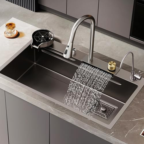Küchenspüle Edelstahl Spüle Neu Wasserfall Spüle Waschen Abfluss Schnitt 3 in 1 Home Utility Spüle mit Wasserhahn-Armaturen (Color : 80x45cm/31.5x17.7in)