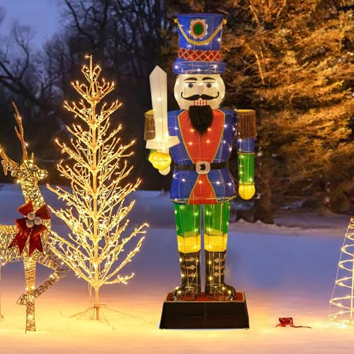 COSTWAY Cascanueces Navidad Grandes 184cm, Soldado Cascanueces Iluminado con Espada, 110 Luces LED, Figura Navideña de Pie con Bridas y Estacas, Decoración Navideño Interior y Exterior