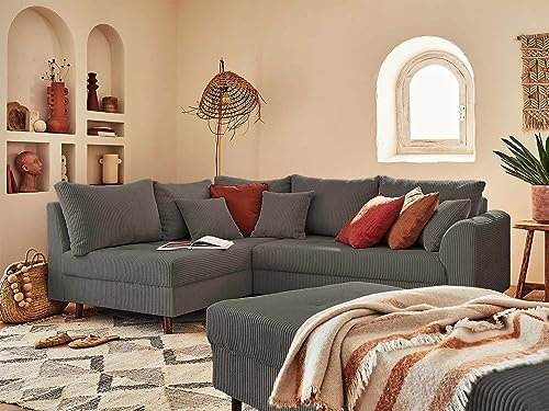Lisa Design Rune – Ecksofa Links – 4-Sitzer – mit hocker – aus Cord Dunkelgrau
