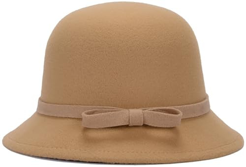 LXOrdora Cappello a bombetta da donna Fedora anni '20, in feltro, a cloche, con fiocco, cachi, Taglia unica