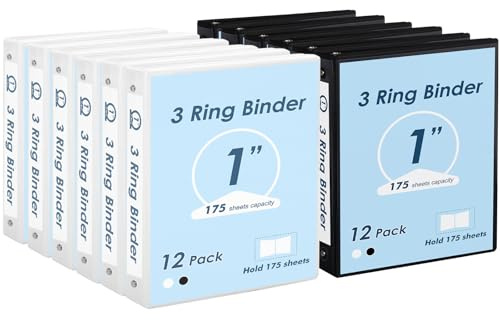 EOOUT 1 inch 3-Ring Binder 12 Pack Black and White with 2 Pockets Inside, Fits 11 x 8.5 Inch Paper with 175 Sheets Capacity, for Office, Home, School Project