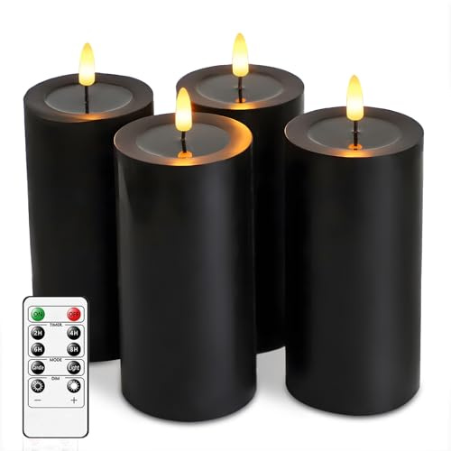 MUMCHASI 4 Packs Flameless Candles, Black Battery Operated Candles, Black Halloween LED Candles, Real Wax Flickering Candlelights with Remote for Home Fall Halloween Christmas Party Candelabra