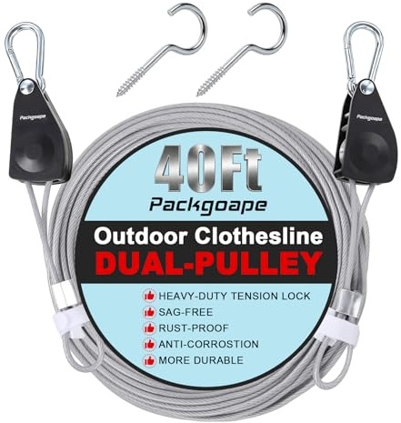 Packgoape 40 ft Retractable Clothesline Dual Pulley Nylon-Coated Steel Wire