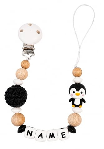 Individuell gestaltetes Babygeschenk personalisiertes Schnullerhalter mit Namen für Mädchen oder Junge Baby Geschenk personalisiert zur Geburt & Taufe (Pinguin)