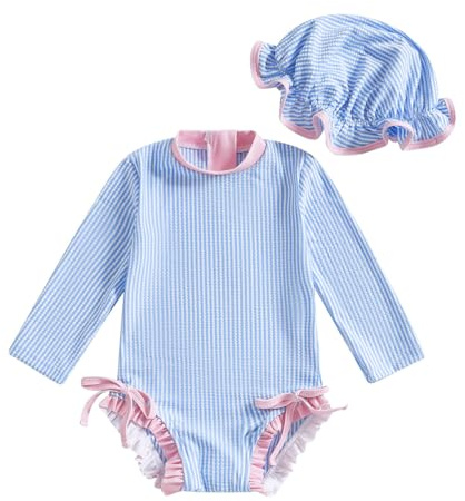 JENJON Traje de Baño a Rayas para Bebé Niña con Volantes Mangas Lindo Floral Traje de Baño de Una Pieza con Cremallera Protección UV y Gorro de Playa Verano Rayas Azules 18-24 Meses