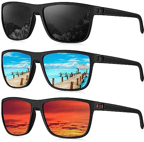 GUIZIYAO 3 Pares Gafas de Sol Hombre, Gafas de Sol para Hombres Protección UV400, Lentes de Sol para Hombre Rectangulares Clásicas, Gafas Sol Hombre para Conducir Running Pesca Viajes Golf (A)