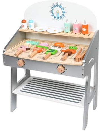 kowaku Wooden Play Barbecue Toy Grill Kids Grill Playset Realistic Pretend Play Barbecue Set for Preschoolers