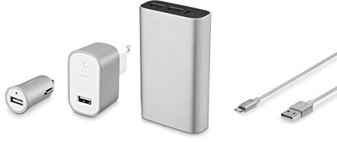 belkin Mixit Netz- und Kfz-Ladegerät-Set mit geflochtenem Lightning-USB-Kabel und 6600 mAh Powerbank für iPhone 12, 12Pro, 11, 11Pro Max, Xr, Xs und iPad mini, Pro etc. silber