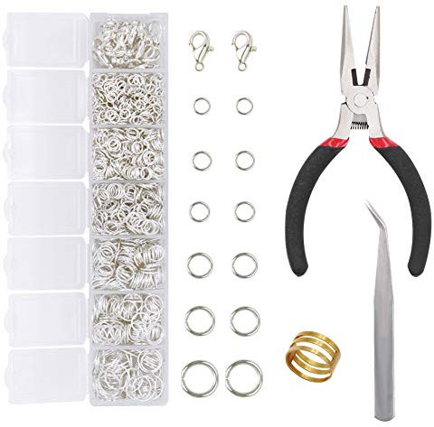 EuTengHao 1504pcs Open Jump Ring Lobster Clasps Kit Kit di strumenti di riparazione di gioielli con pinze Pinzette Accessori per creazione di gioielli (argento brillante)