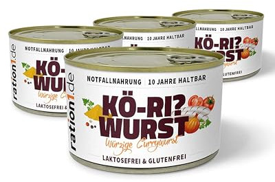 ration1 Würzige Currywurst 4x 400g , Fertiggerichte lange haltbar, leckere Bratwurst in Curry Sauce, laktosefrei & glutenfrei, Outdoor, Trekking Nahrung, Camping, Festival, Survival Notfallnahrung