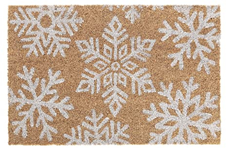 Relaxdays Fußmatte Kokos, Schneeflocken, 60 x 40 cm, Fußabtreter innen & außen, Rutschfester Schuhabstreifer, Natur/weiß