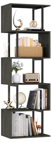 Furologee 6 Tier Bookshelf Tall Geometric Bookcase, S Shaped Industrial Display Standing Shelf, Metal and Wood Decorative Storage Room Divider Rack for Bedroom, Living Room, Office, Light Black Oak