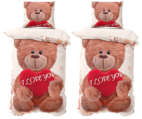 Visaggio Fleece Bettwäsche 135x200 cm Fleece Bettbezug Deckenbezug Teddy Bär Love Beige Braun Rot Herz 4 teilig