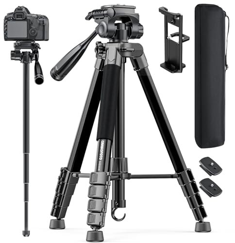 CAMBOFOTO 186cm Kamera Stativ und Einbeinstativ, Professionelles Aluminium Fotostativ für DSLR/Spiegellose Kameras/Handys/Camcorder, mit Handyhalterung/Reisetasche (Schwarz)