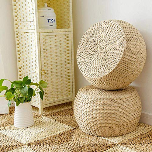 Handgestrickter Rattan-Fußhocker mit Stroh, praktischer geflochtener Poufs für Heimdekoration