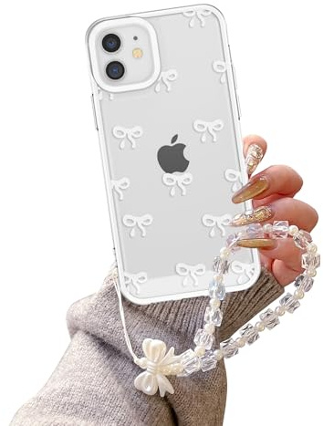 EYZUTAK Case for iPhone 12, Clear Cute Ribbon Bowknot Aesthetic Phone Case with Charm Bracelet Chain Raised Camera Protection Stylish Soft Durable TPU Protective Cover for Women Girls - White