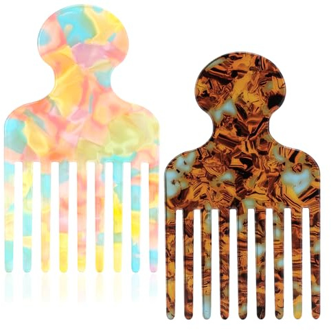 Clofiak 2pcs Hair Pick Comb Long Wide Tooth Comb for Curls 4.7in Smooth Detangling Lifting Curly Hair Picks Afro Smooth Styling Tools for Women Men Barber Supplies(Colorful)