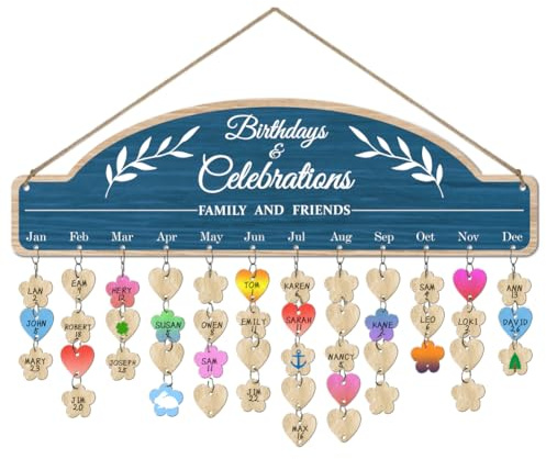 arricraft 1 Set en bois famille anniversaire rappel calendrier plaque, Bule famille et amis célébrations calendrier tableau mur accroché avec 100 étiquettes pour la fête d'anniversaire 4.7x15.7inch