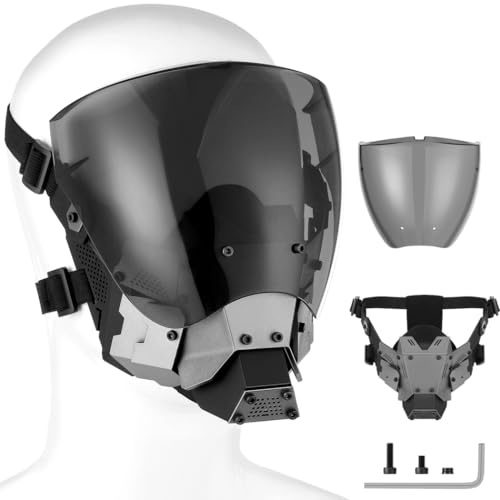 wkao Cyberpunk Mask for Men, Punk Full Face Mask Set with Detachable Lens & Adjustable Straps, Breathable Cosplay Mask for Halloween, Costume Parties