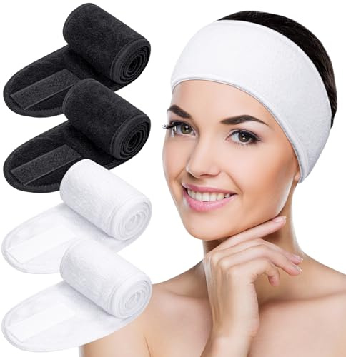 MELLIEX 4 stycken kosmetika hårband, spa, pannband, frottéhårband för make-up sport, yoga, justerbart hårskyddsband med kardborreband (svart + vit)