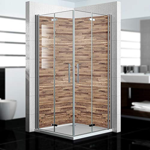 dedeco Eck-Duschrückwand wasserfest Motiv: Holz V3, UV-Lack glänzend, 2 x 80x210 cm, als Badrückwand zum Fliesenersatz, als Dekorwand, Wandverkleidung und Duschplatte aus Aluminium - Made in Germany