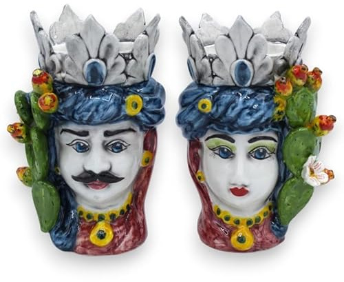 SICILIA BEDDA CAPACI Teste di Moro Siciliana in Ceramica di Caltagirone Realizzata e Dipinta a Mano - Vasi per Piante da Interno ed Esterno - H 16 cm - Dettagli Blu e Ficodindia - Mod. Fico (Coppia)
