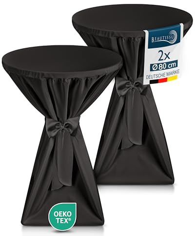 Beautissu 2X Premium Stehtischhussen Blickdicht rutschfest bügelfrei | 80cm schwarz mit Schleifenband Stehtischüberzug Husse für Stehtisch Bistrotisch Tischhussen Stehtische Event Giulia Premium