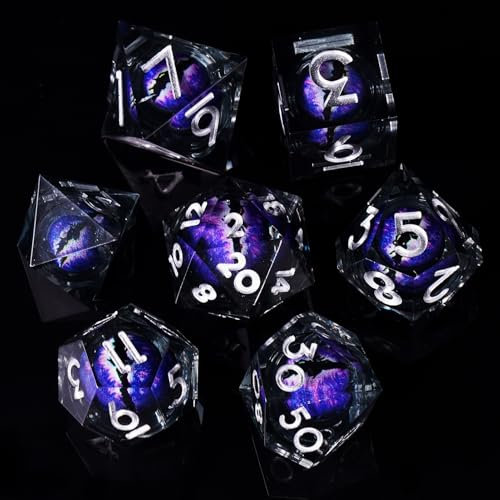 DND Lot de 7 dés mobiles œil de dragon en résine polyédrique D&D pour donjons et dragons Pathfinder DND RPG MTG Pathfinder D4 D6 D8 D10 D% D12 D20 (violet foncé)