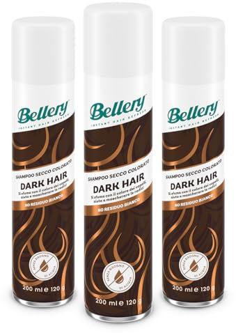 Bellery Dark Hair Dry Shampoo - Shampoo Secco Spray per Capelli Scuri - Aiuta a Nascondere Ricrescita e Capelli Grigi - Fragranza Raffinata ed Avvolgente - 3 Shampoo Spray da 200ml