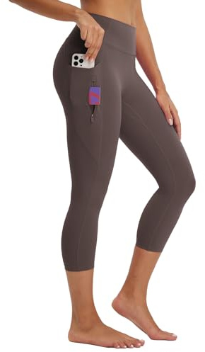 BALEAF Capri-leggings för kvinnor med fickor, hög midja, yoga, magkontroll, byxor, träning, löpning, gym, träning, Tätning brun, L