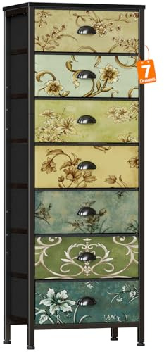 Furnulem 7 Drawer Tall Dresser for Bedroom, Vintage Fabric Chest of Drawers